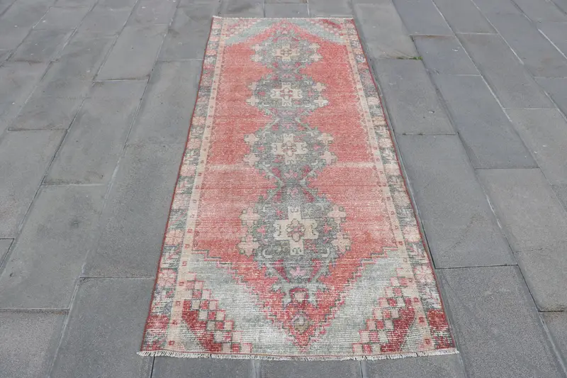 Alfombra persa roja, 3,1x7,4 ft Elegante acento verde