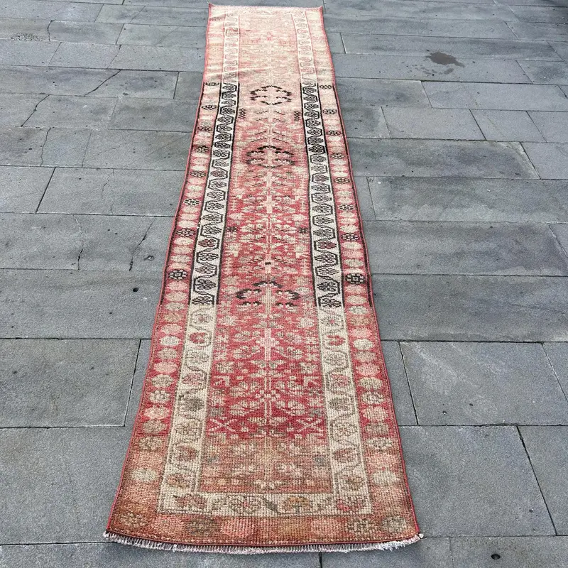 Turkish 2.3x11.2 ft Rug, Runner Vintage Rug, Red Brown Striped Rug - 1