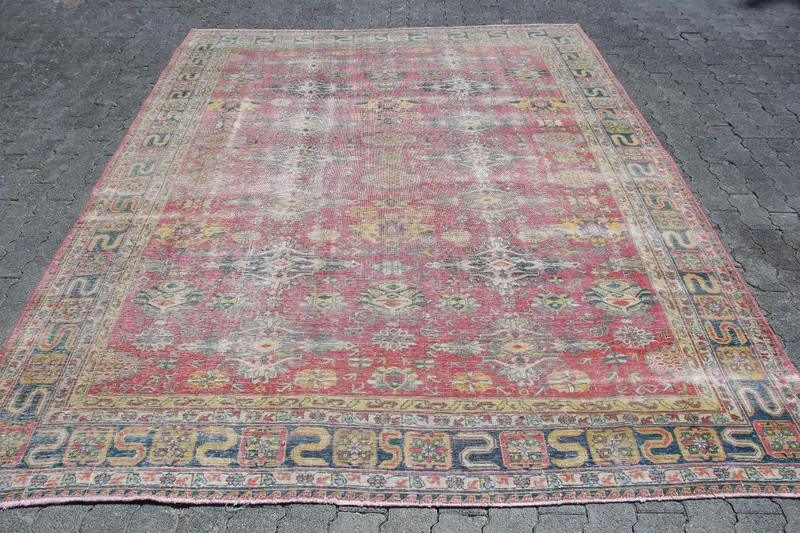 Vintage Türk Halısı, 7.2x9.5 ft Büyük Halı, Kırmızı Mavi Kamuflaj Halı - 1