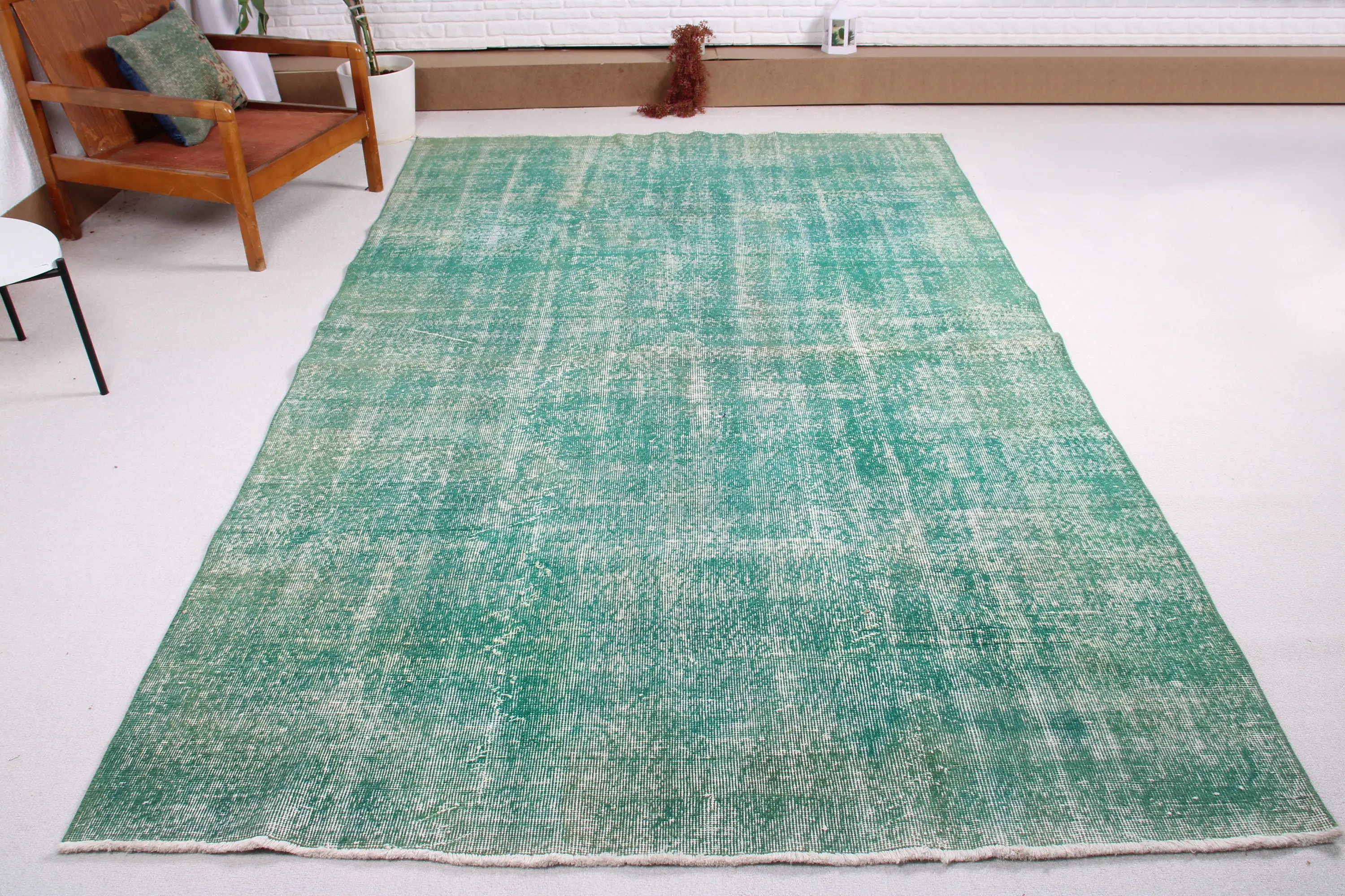 6.1x9.9 ft Türk Büyük Halı, Vintage Yeşil Kareli Halı - 1