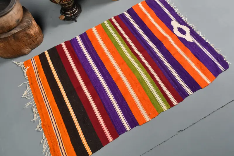 Turkish Small Rug 2.4x3.8 ft, Orange Floral Vintage Wool Rug - 1