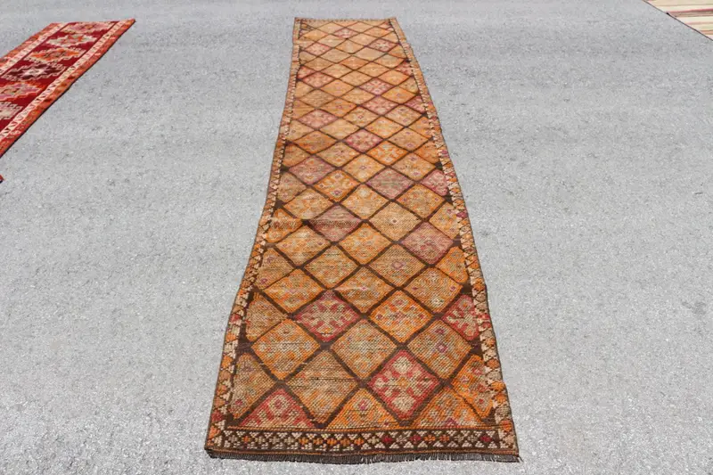 2.7x12.6 ft Rug, Turkish Vintage Rug, Orange Ombré Wool Rug - 1