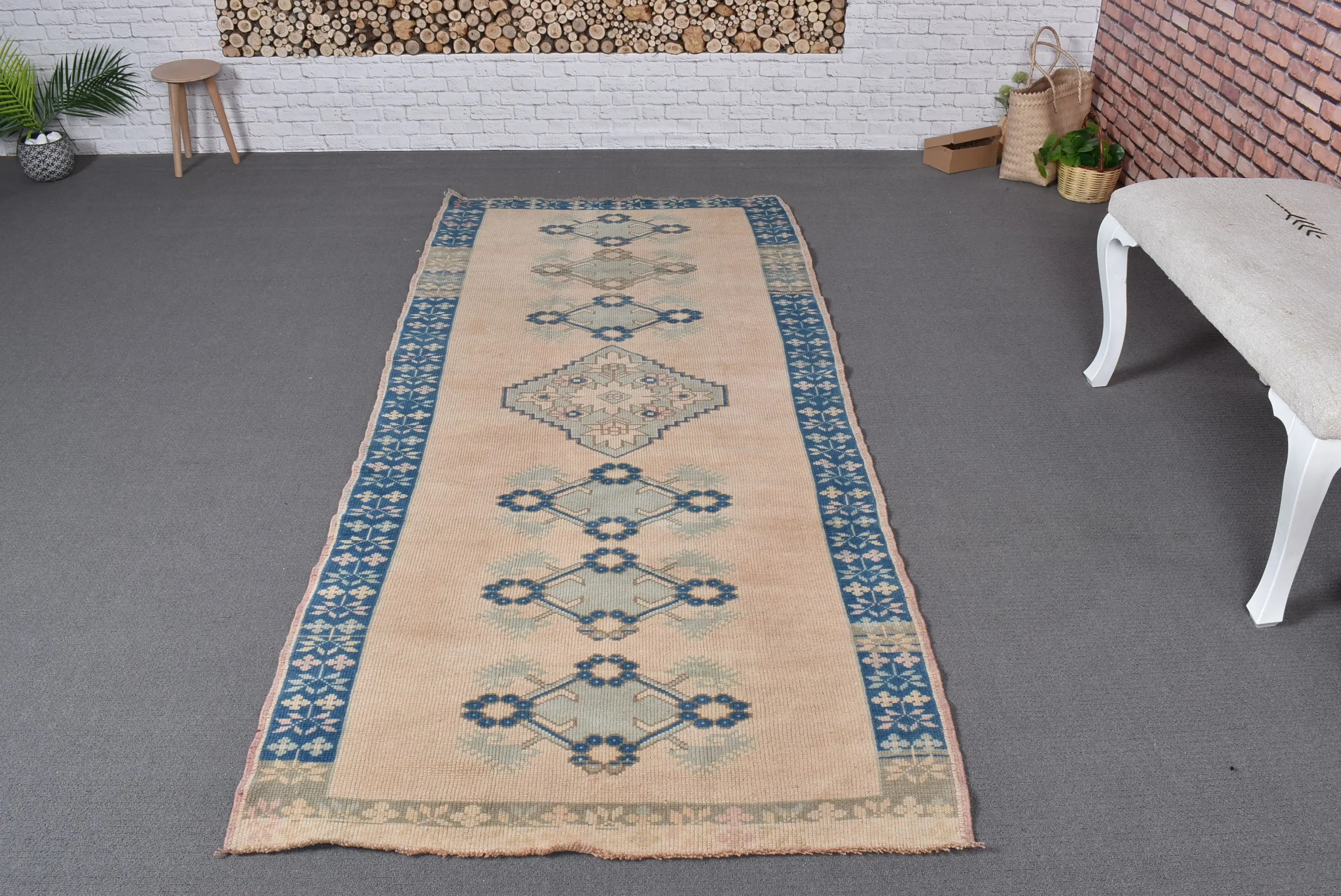 Vintage Rug, Area 3.4x7.8 ft Rug, Blue Rug - 1