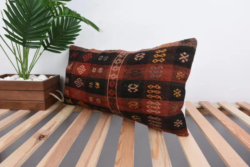 Handmade Kilim Cushion, Cushion Case, Vintage Pillow, Home Decor Pillow, Sofa Bolster Cushion Cover, 12x24 Red Cushion Cover, Turkish Bench Pillow - 5