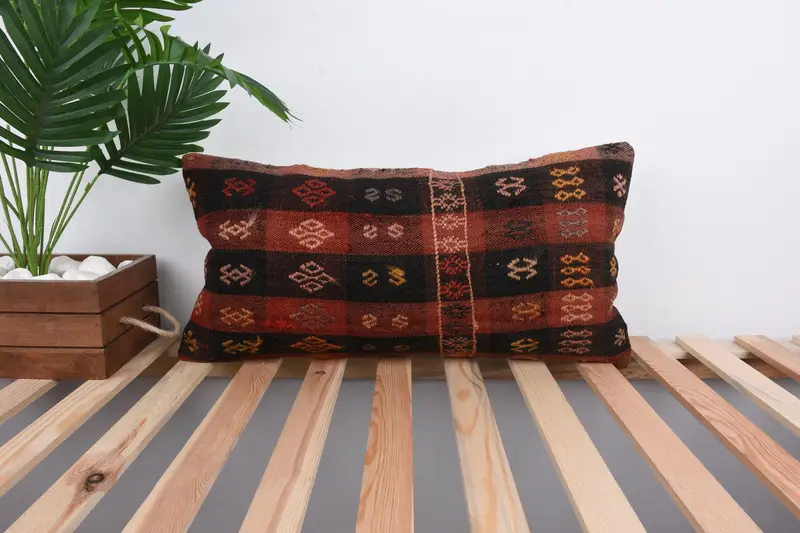 Handmade Kilim Cushion, Cushion Case, Vintage Pillow, Home Decor Pillow, Sofa Bolster Cushion Cover, 12x24 Red Cushion Cover, Turkish Bench Pillow - 1