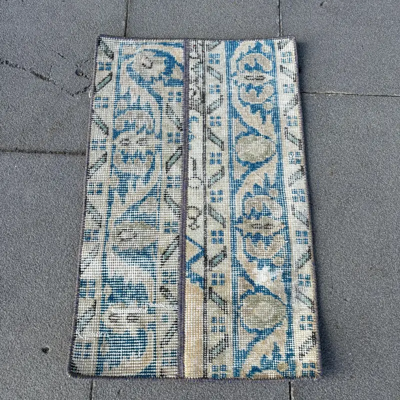 Vintage 1.2x2 ft Rug, Oushak Turkish Rug, Blue Abstract Rug Wool - 1