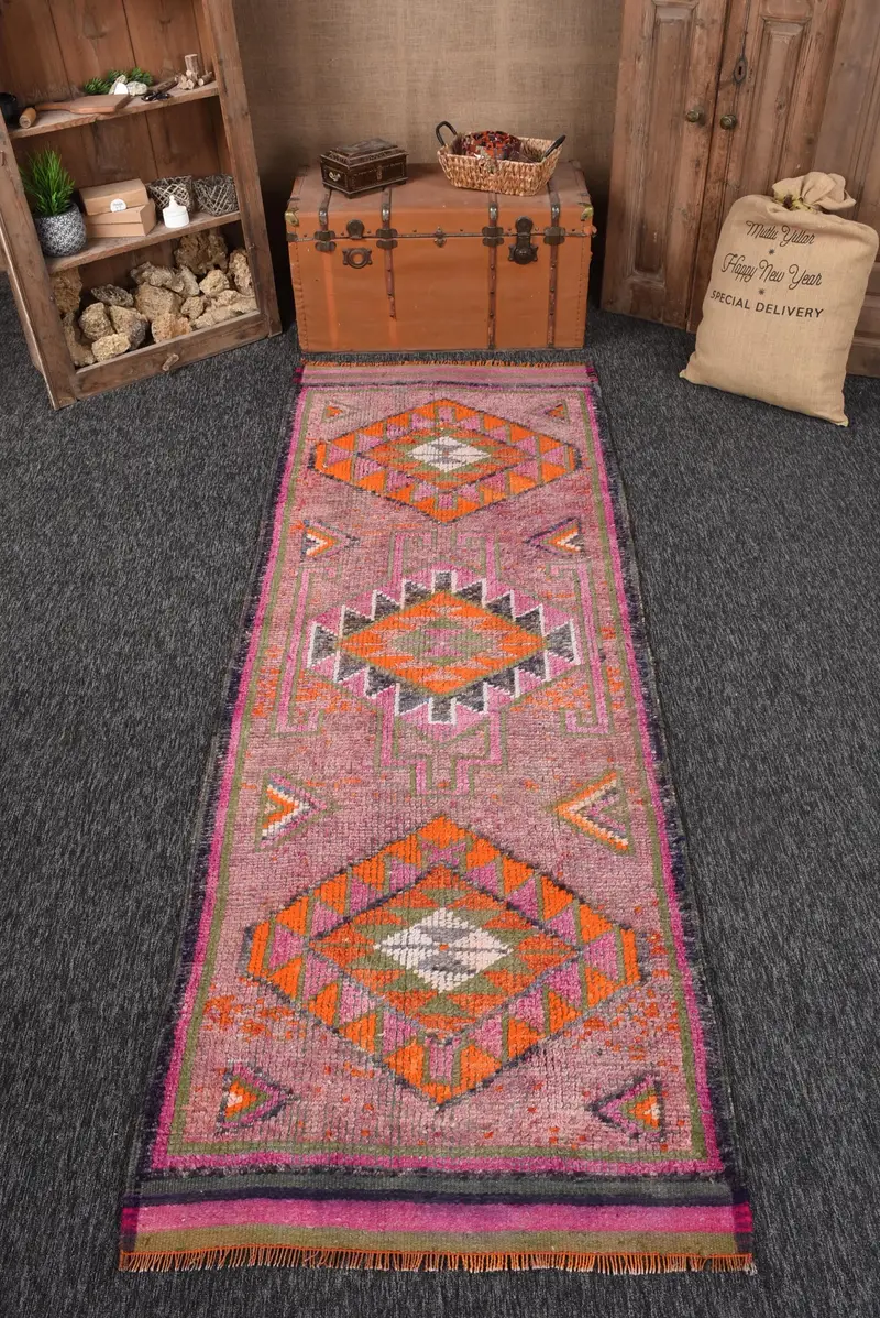 Turkish 3.37x9.6 ft Rug, Runner Vintage Rug, Pink Orange Ikat Wool Rug - 1