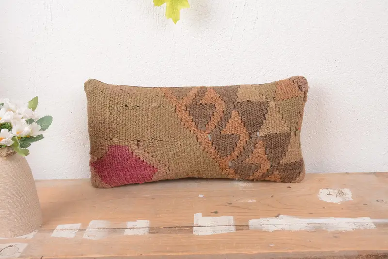 Geometric Beige & Pink Throw Pillow, Handmade Linen Cushion