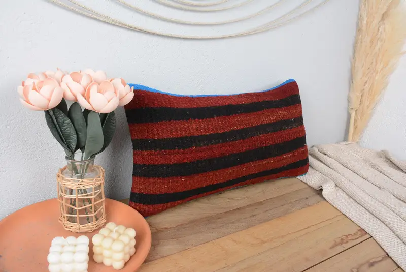 Red & Brown Striped Throw Pillow, 12x24 Embroidered Vintage Pillow