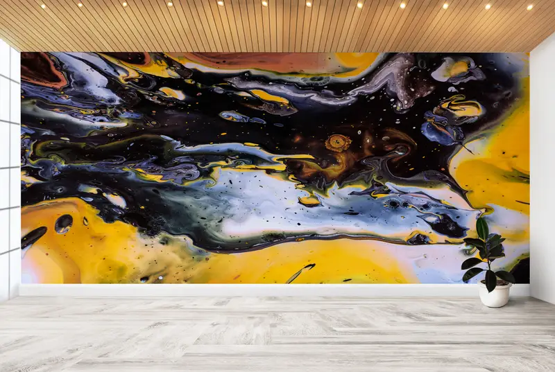 Contemporary Yellow & Black Abstract Oil Printed Wallpaper