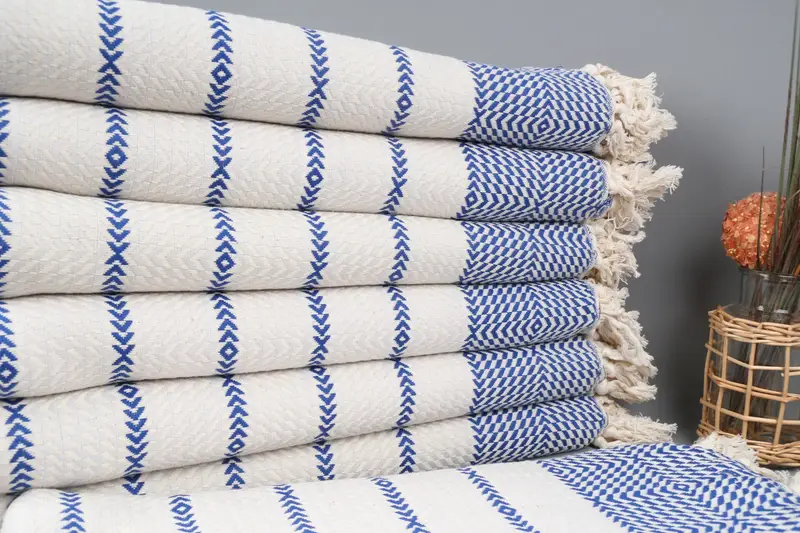 Turkish Towel Personalized Sax Blue Striped Organic Cotton, 40x79 Inches