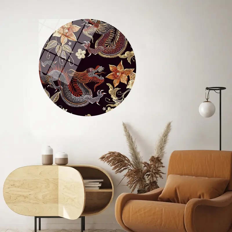 エレガントな神話ドラゴンキャンバス：和柄と花の融合