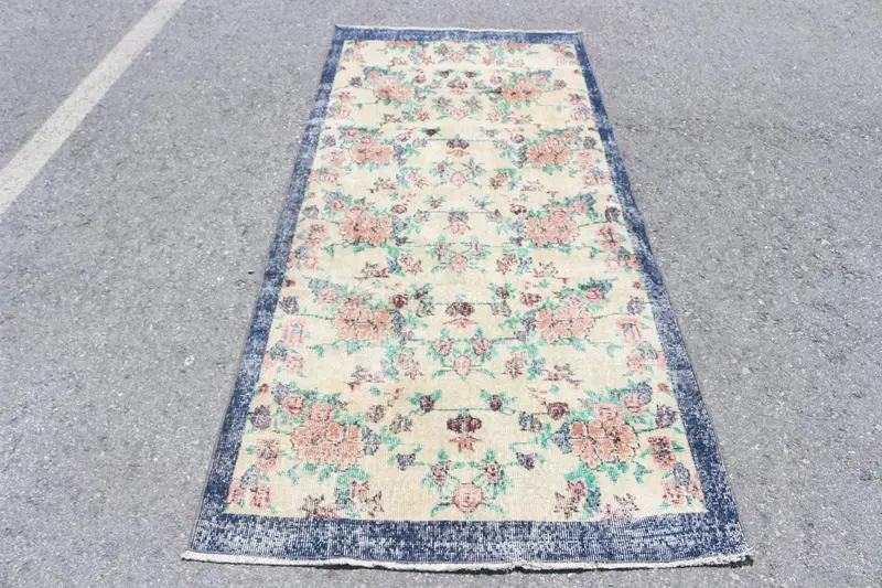Türk Vintage Halısı, 3.5x7 ft Oushak Halısı, Mavi Alan Fas Halısı - 1