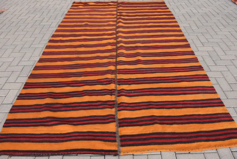 Vintage Large Rug, 6.3x10.8 ft Turkish Rug, Orange Ombré Wool Rug - 1