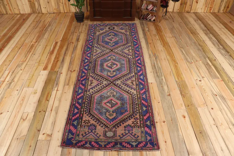 Türk Yolluk Halısı 3.37x9.5 ft, Vintage Oushak Mavi Geometrik Yün Halı - 1