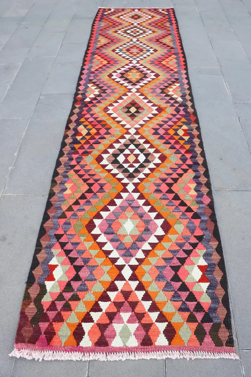 Purple Ikat Rug, 3x12.5 ft with Green Accents