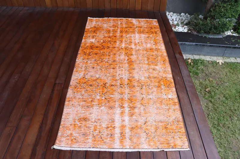 3.2x6.4 ft Rug, Turkish Vintage Rug, Orange Black Plants & trees Wool Rug - 1
