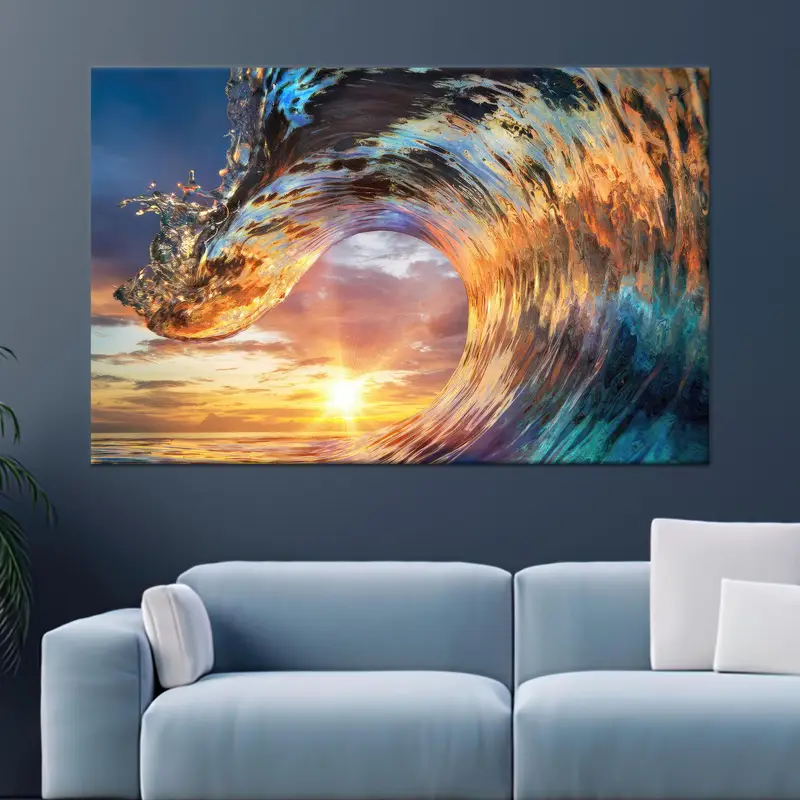 Dalga Tepesi Manzarasında Gün Batımı Işığı Baskılı Kanvas Tablo