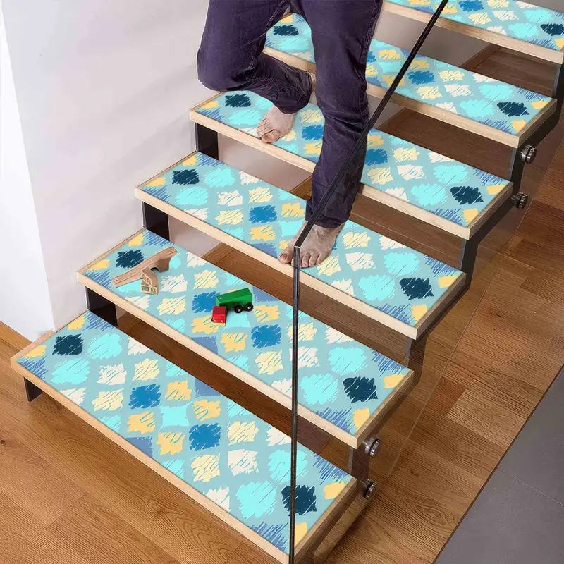 Alfombra estampada con motivos geométricos: alfombra de escalera moderna en tonos azules