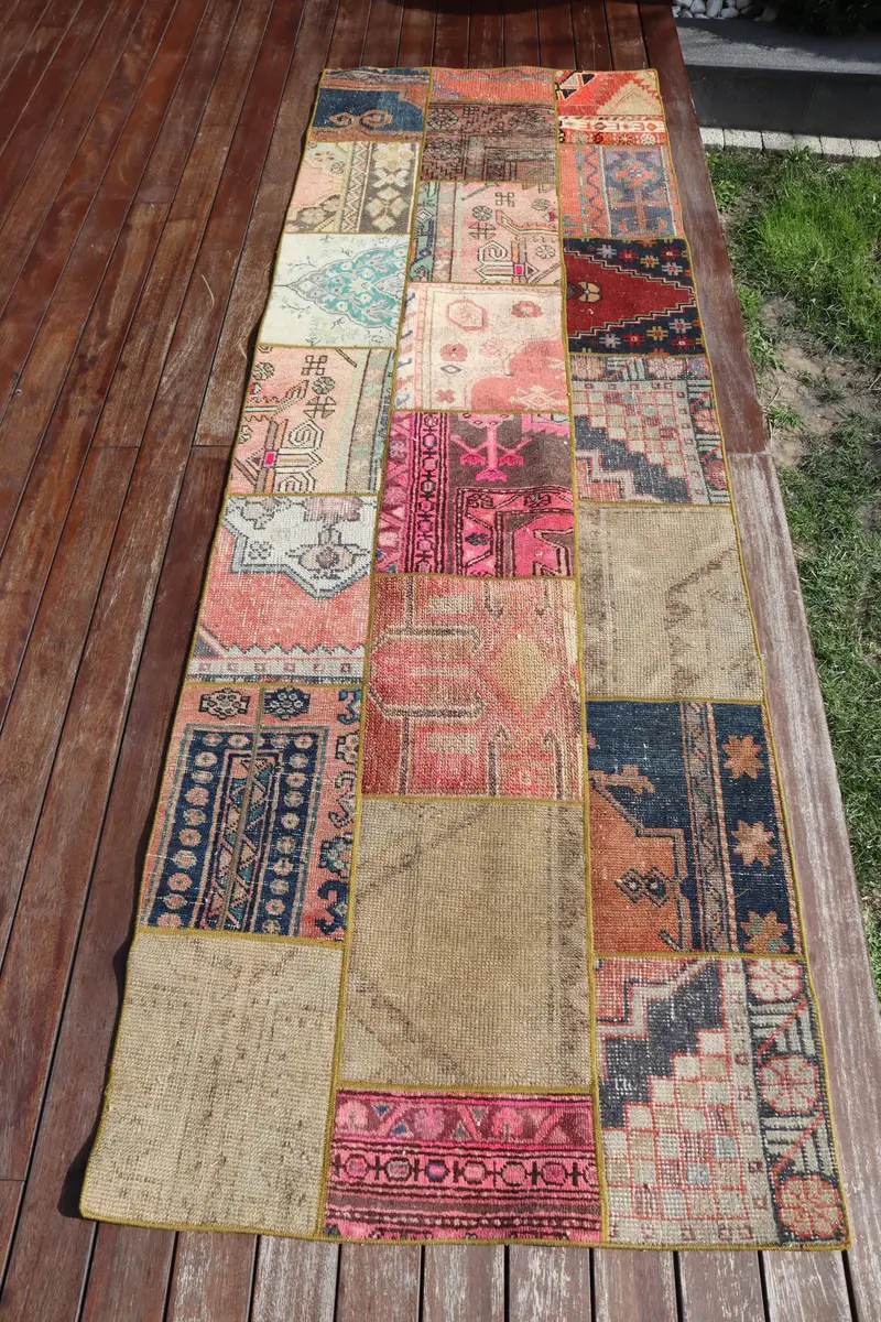 Handmade Green & Blue Rug, 2,9x8,8 ft Floral & Geometric