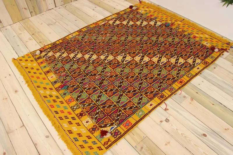 Türk 5.1x6.9 ft Halı, Alan Vintage Halı, Sarı Mavi Kamuflaj Halı - 1