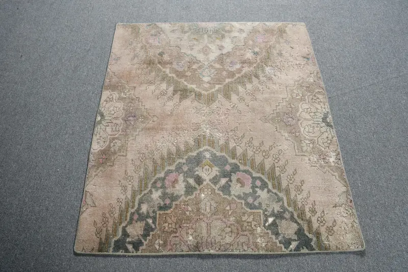 Vintage Oushak Rug 3.2x3.7 ft, Brown Gray Check Wool Turkish Rug - 1