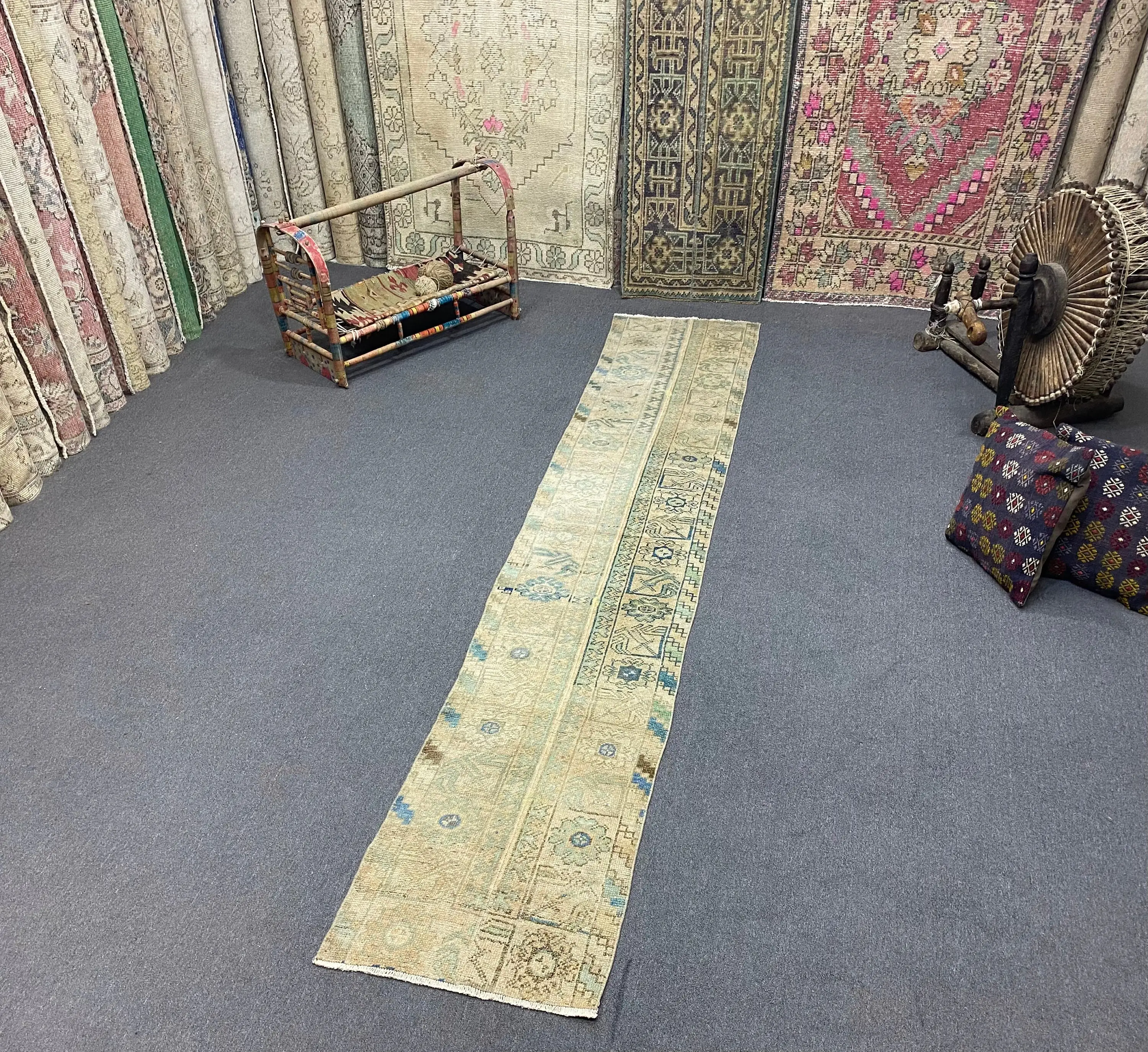 Turkish Rug, Runner 1.7x9.8 ft Rug, Blue Floral Rug - 1