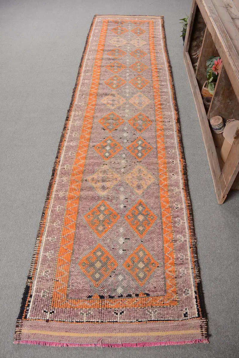 Mor, Turuncu İkat Halı, 2,8x11,6 ft