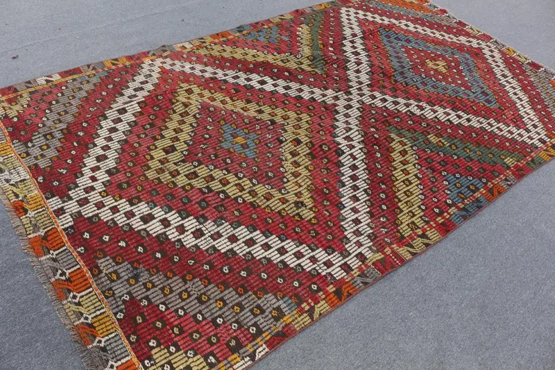 Vintage 5.3x9.3 ft Halı, Kilim Türk Halısı, Kırmızı Oryantal Halı Yün