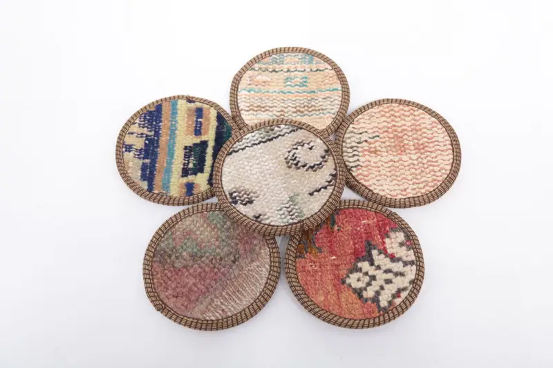 Red and Beige Kilim Coaster, Non-Slip Wool and Leather Coaster