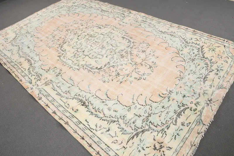 Turkish Large Rug 5.8x9 ft, Vintage Oushak Green Solid Wool Rug - 1