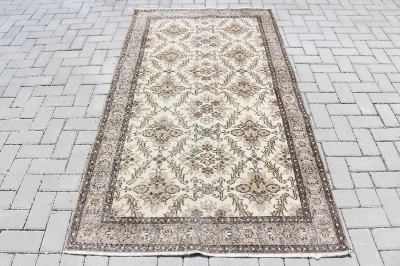 3.8x6.9 ft Türk Alan Halısı, Vintage Kahverengi Çizgili Halı - 1