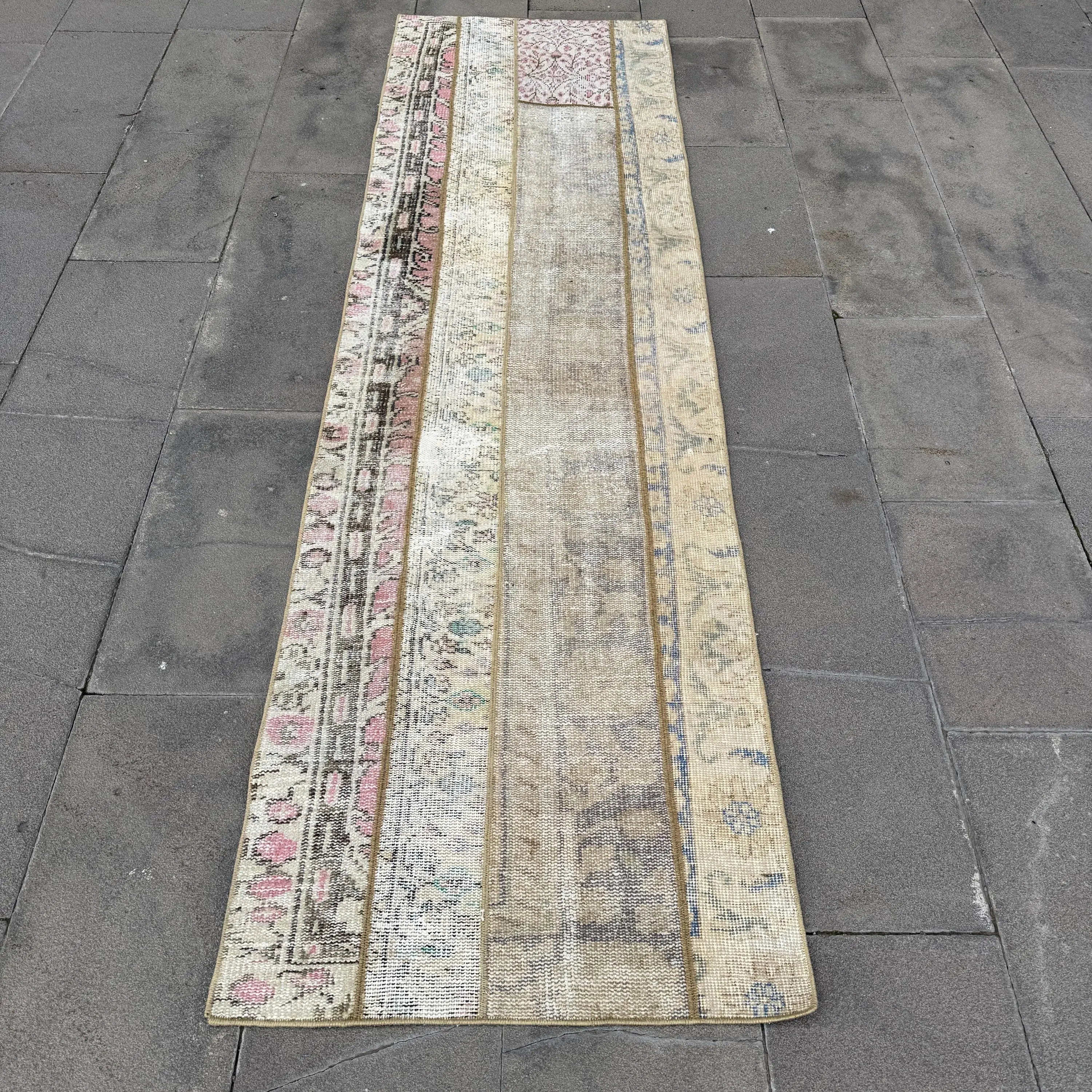 Turkish Vintage Runner Rug 2.3x8.2 ft, Brown Pink Moroccan Wool Rug - 1
