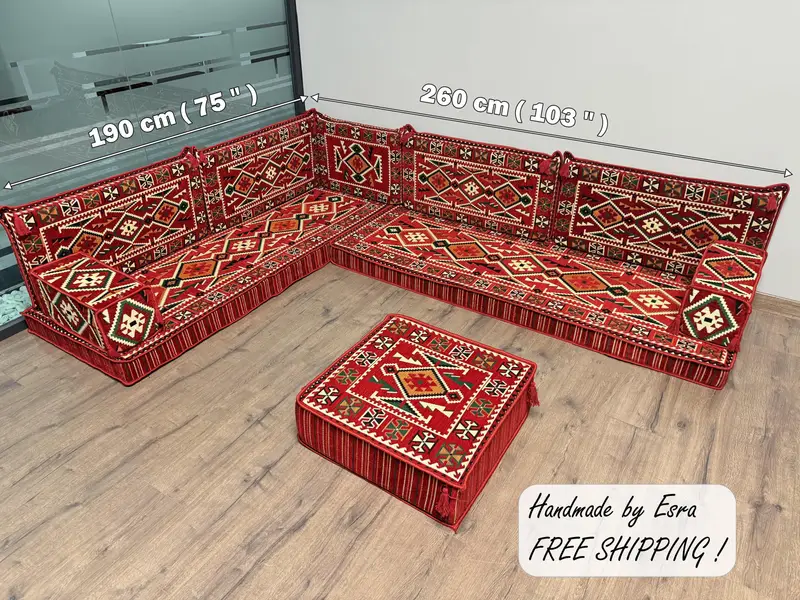 Kilimden Esinlenen Yün Karışımlı, Kırmızı ve Bej Osmanlıdan oluşan Modüler Güneybatı Osmanlı Seti