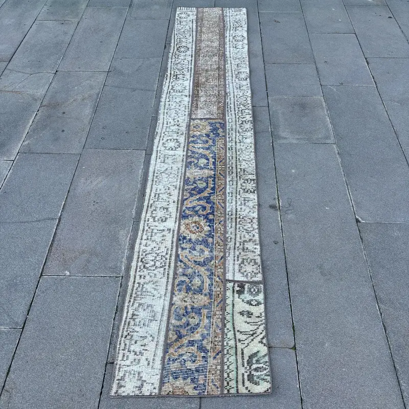 Turkish Rug, 1.6x8.5 ft Runner Rug, Blue Ikat Wool Vintage Rug - 1