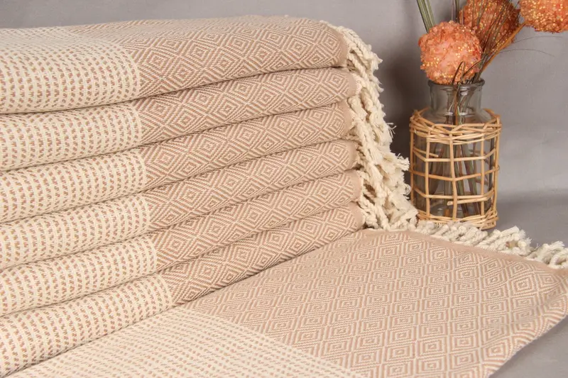 Embroidery Towel Light Brown Diamond Pattern Organic Cotton, 40x71 Inches