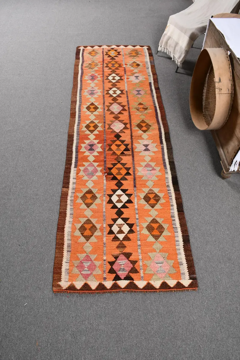 Turkish Kilim Runner Rug 2.7x9.1 ft (81x277 cm), Vintage Orange Floral Wool Rug - 1