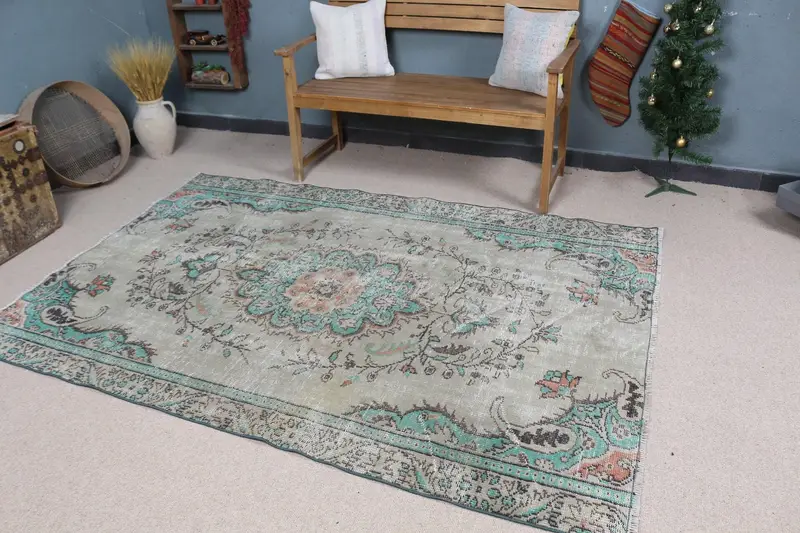 グリーン & ブラウン チェック ラグ、5x7 フィート エレガントな装飾