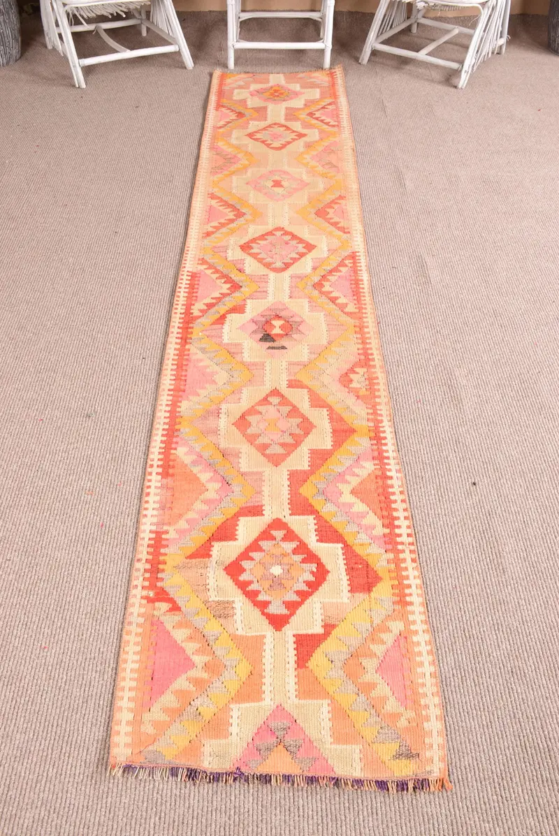 Vintage Rug, Runner 2x10.6 ft Turkish Rug, Orange Pink Camouflage Wool Rug - 1