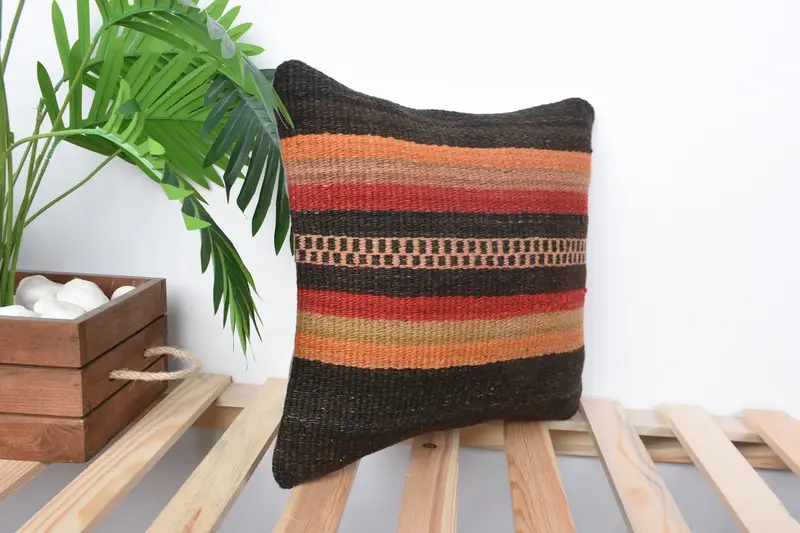 Knitted Pillow Case, 14x14 Brown Pillow Cover, Pillow Sham, Interior Designer Pillow, Ethnical Kilim Rug Pillow, Handmade Kilim Cushion - 4