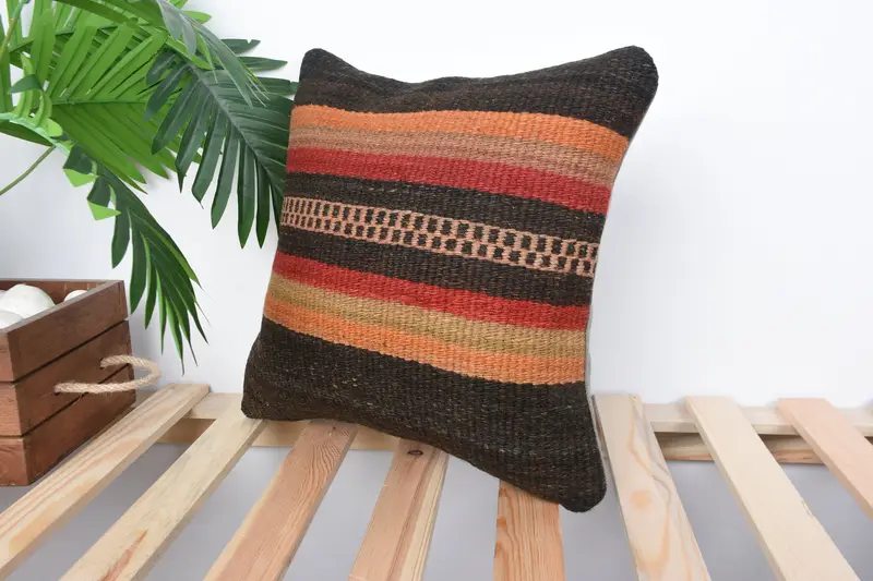 Knitted Pillow Case, 14x14 Brown Pillow Cover, Pillow Sham, Interior Designer Pillow, Ethnical Kilim Rug Pillow, Handmade Kilim Cushion - 5