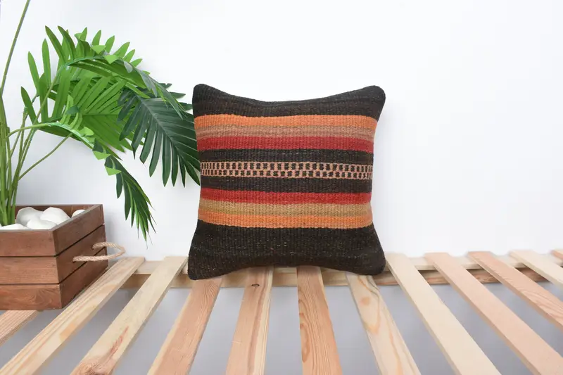 Knitted Pillow Case, 14x14 Brown Pillow Cover, Pillow Sham, Interior Designer Pillow, Ethnical Kilim Rug Pillow, Handmade Kilim Cushion - 1