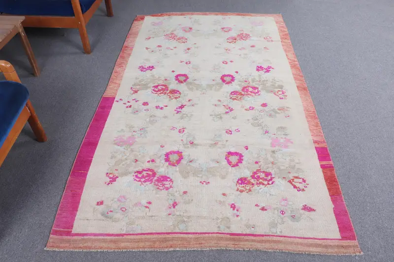 Turkish Oushak Area Rug 4.2x7.2 ft (128x220 cm), Vintage Pink Striped Rug - 1