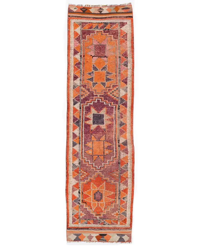 Turuncu ve Mor Soyut Halı, 2,7x9,5 ft Canlı Dekor