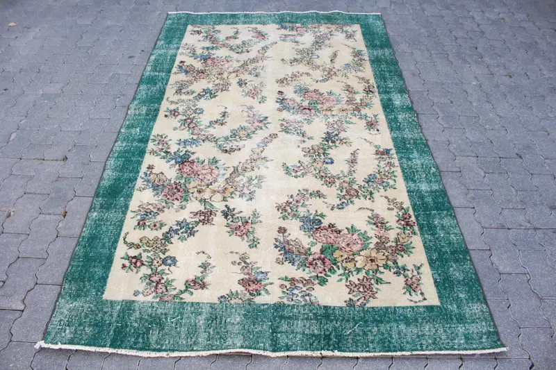 Turkish Oushak Area Rug 4.8x7.9 ft (147x241 cm), Vintage Green Abstract Wool Rug - 1