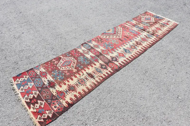 Vintage Turkish Rug 2.3x8.6 ft, Red Kilim Moroccan Rug - 1