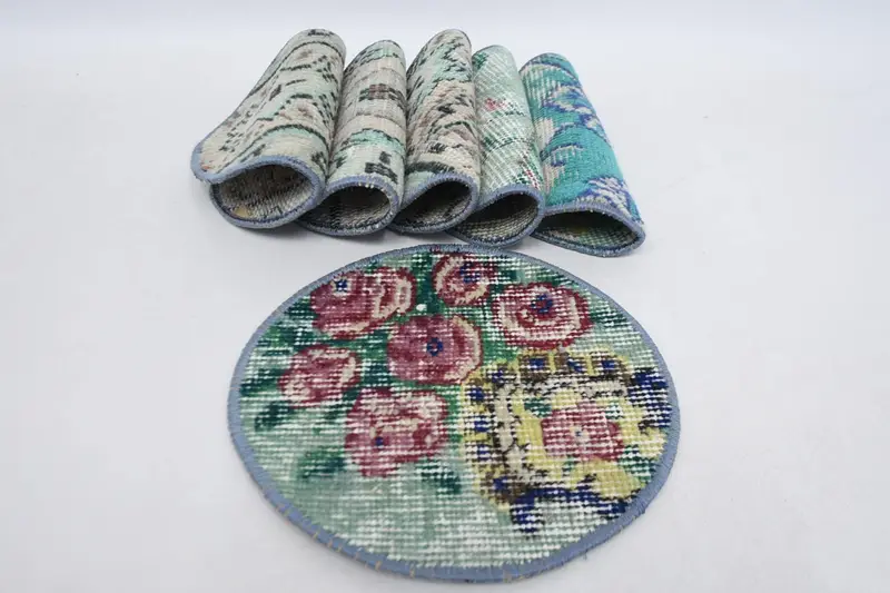 Böhmische grüne und beige Kreis-Tischsets, Tischdekoration aus Baumwolle und Wolle