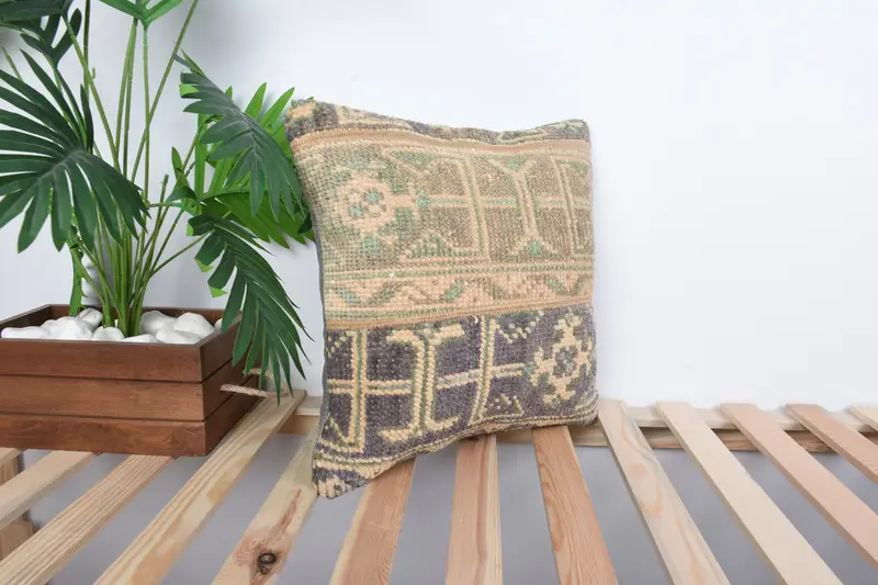 Vintage Kilim Pillow, Sofa Pillow, Kilim Pillow, Pillow Case, Vintage Kilim Throw Pillow, Shabby Chic Cushion Case, 16x16 Brown Cushion - 4