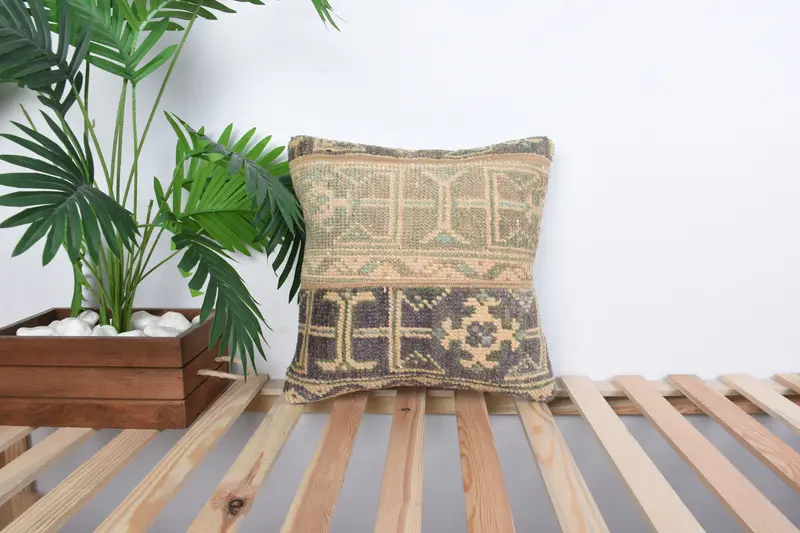 Vintage Kilim Pillow, Sofa Pillow, Kilim Pillow, Pillow Case, Vintage Kilim Throw Pillow, Shabby Chic Cushion Case, 16x16 Brown Cushion - 1