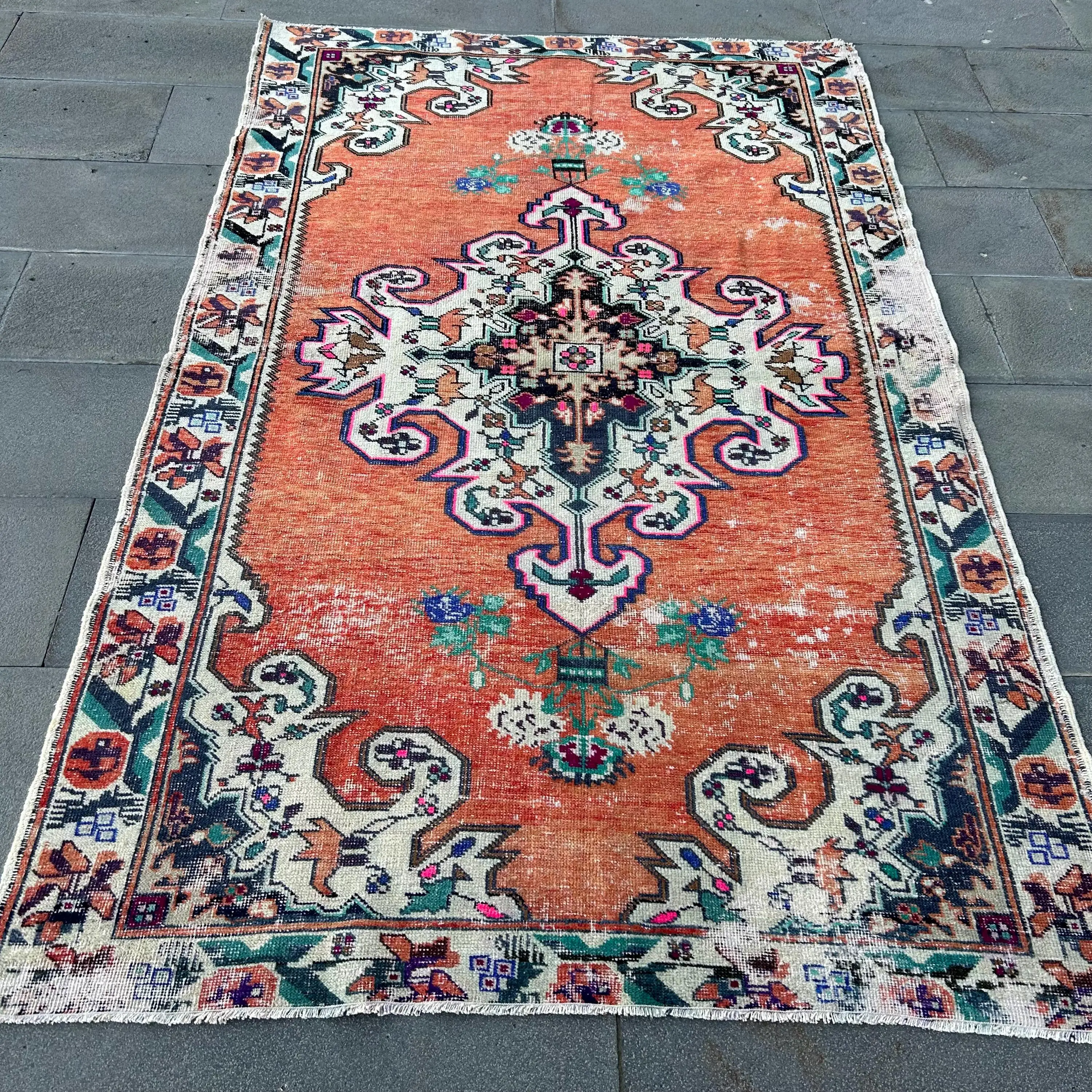 4.5x7.4 ft Turkish Rug, Vintage Area Rug, Red Blue Plants & trees Wool Rug - 1
